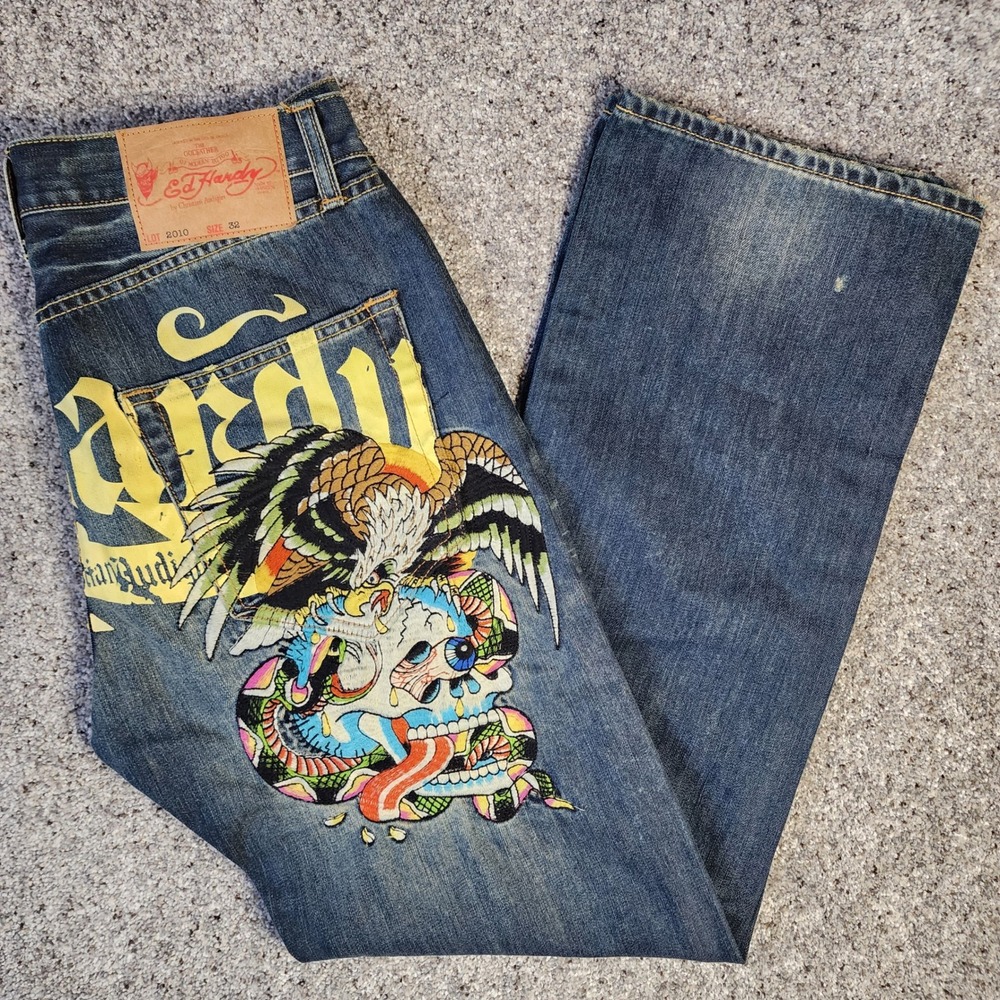 Ed Hardy Jeans Men 32x32 Y2K Tattoo Eagle Skull Graphic Denim Excellent